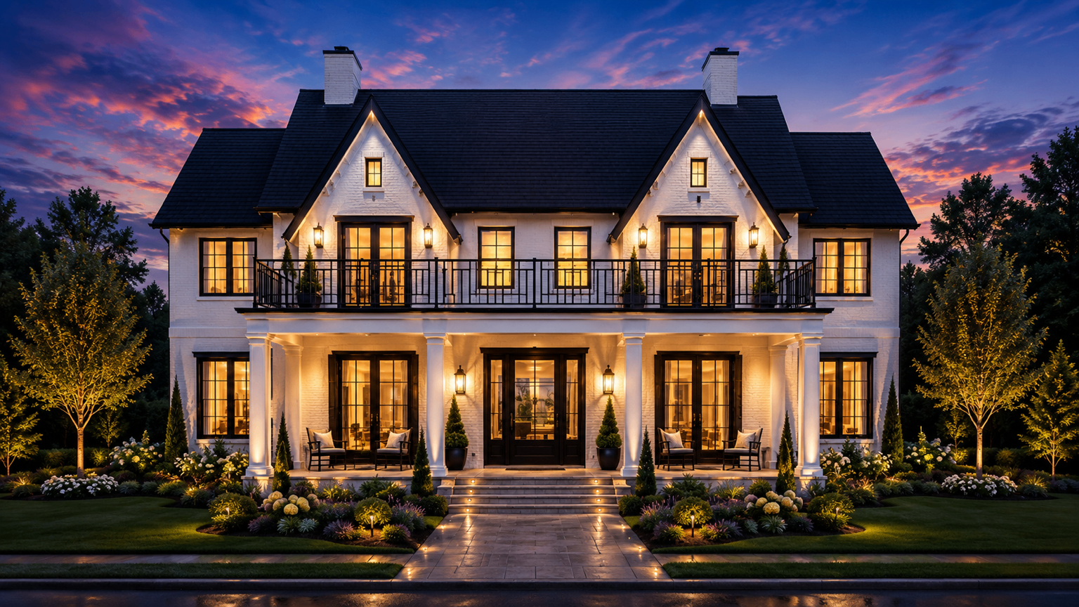 Twilight exterior of luxury custom home